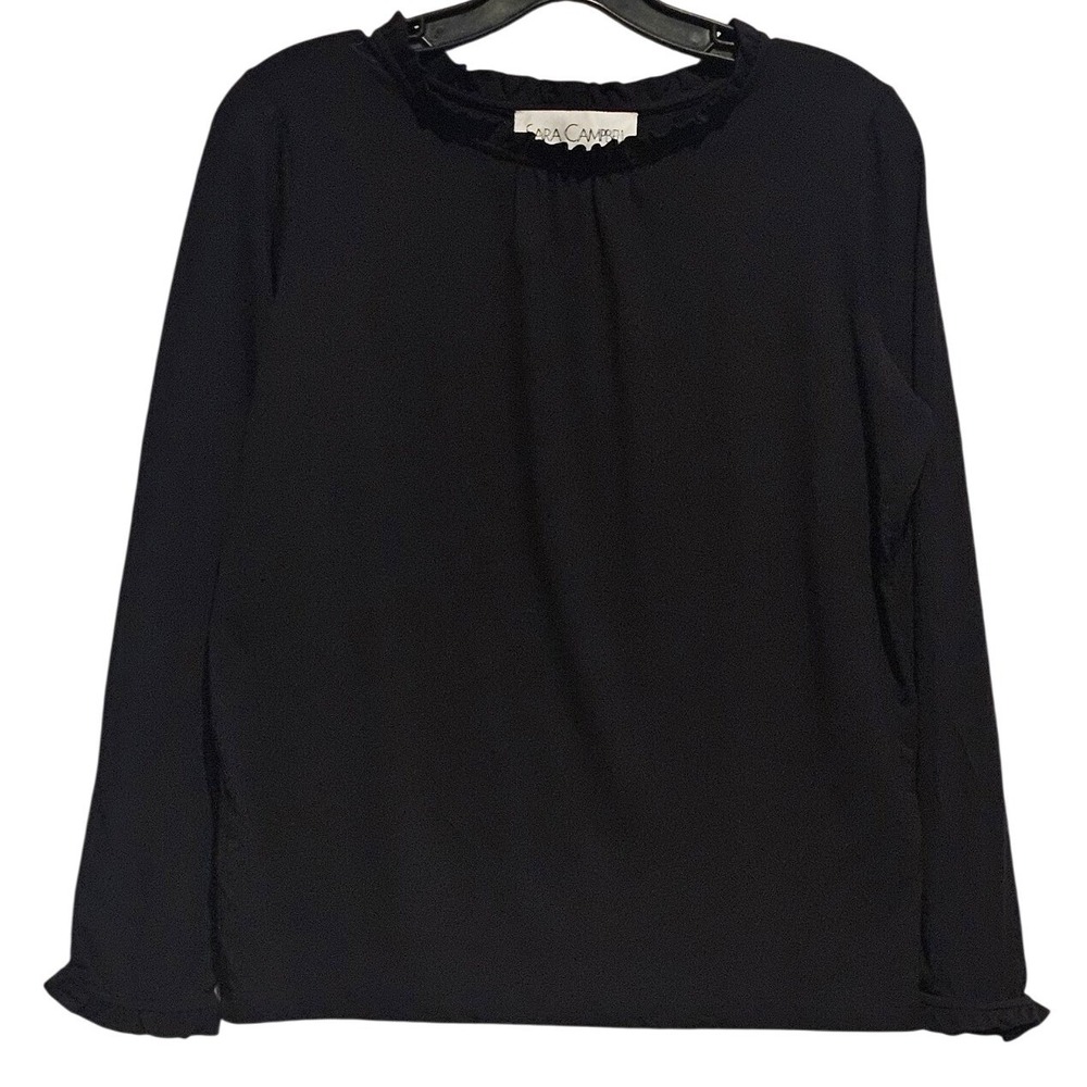 Sara Campbell‎ Black Long Sleeve Ruffle Neck Blouse Top Women's Size M